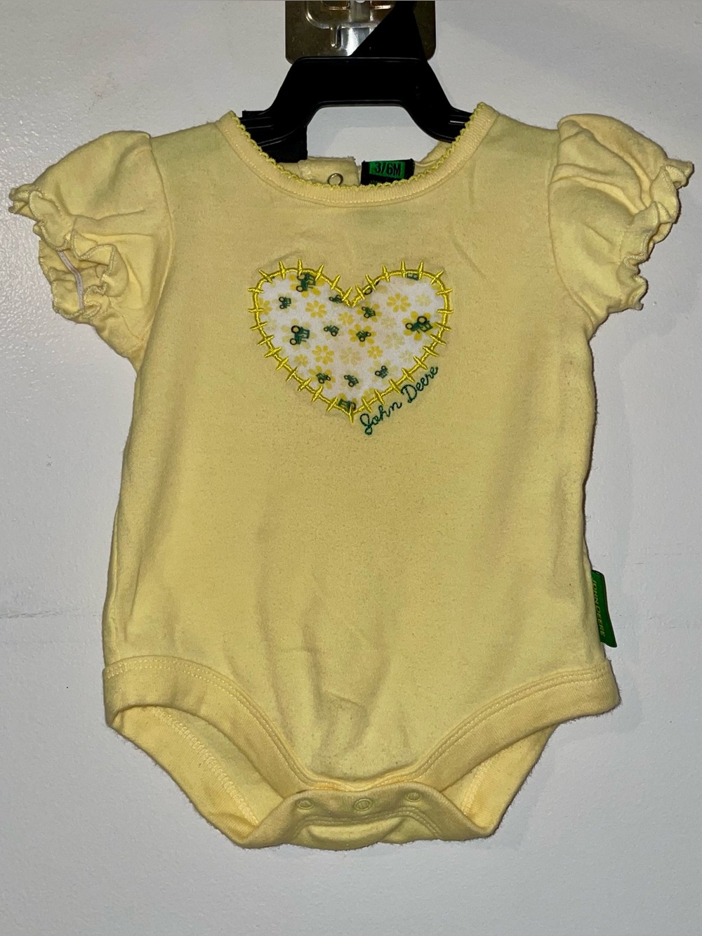 John Deere Yellow Baby Onesie with Floral Heart Patch